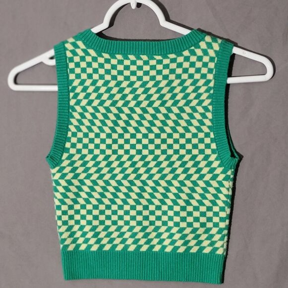 FULL TILT Wavy Checkerboard Womens Vest Size XS Green Pastel Yellow Y2K Punk - Picture 8 of 9